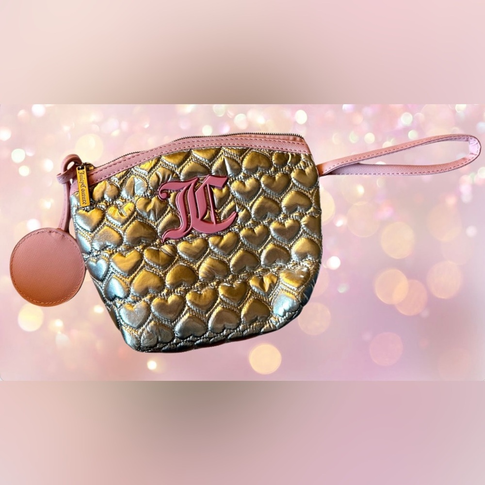 Juicy Couture Silver Quilted Heart Wristlet w/ Pink Accents & Mirror Charm NWOT